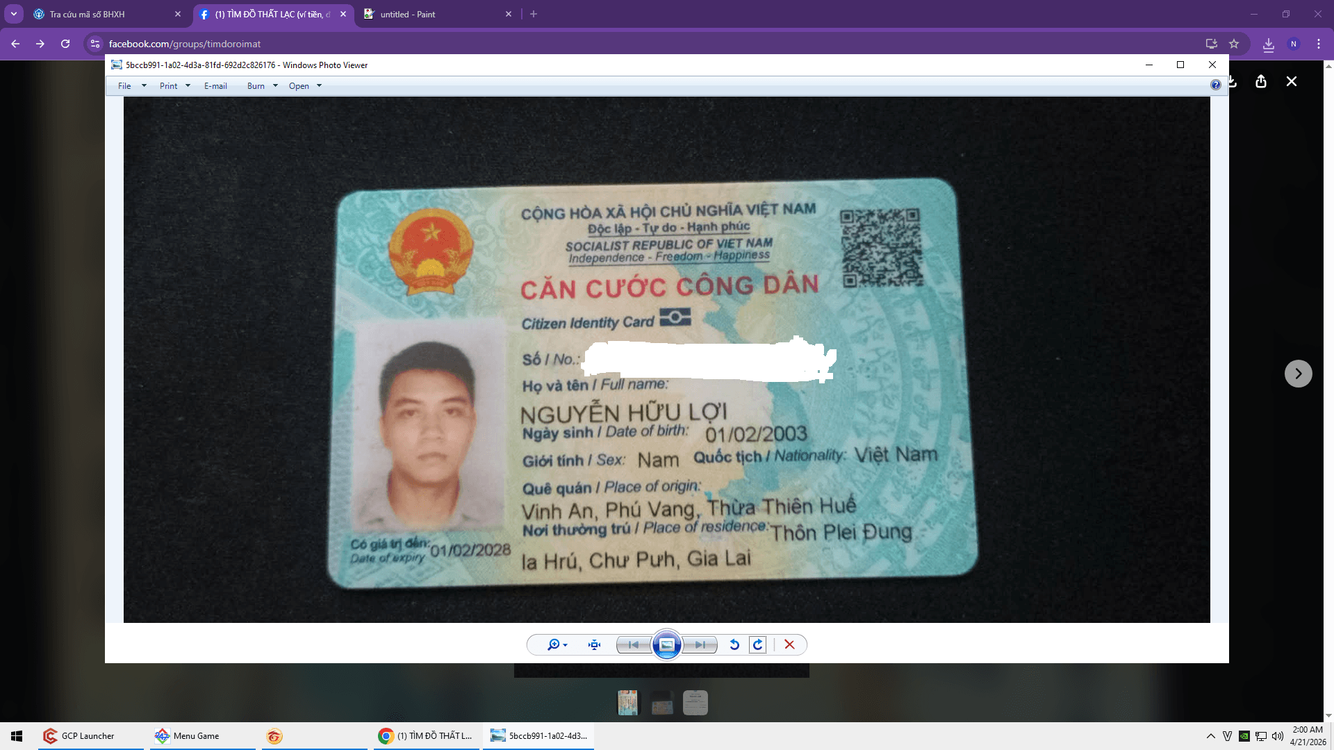 Liên hệ mình ngay. Nhặt được ví tên chủ NGUYỄN HỮU LỢI tại Tân Sơn, P.15, Q.Tân Bình. 