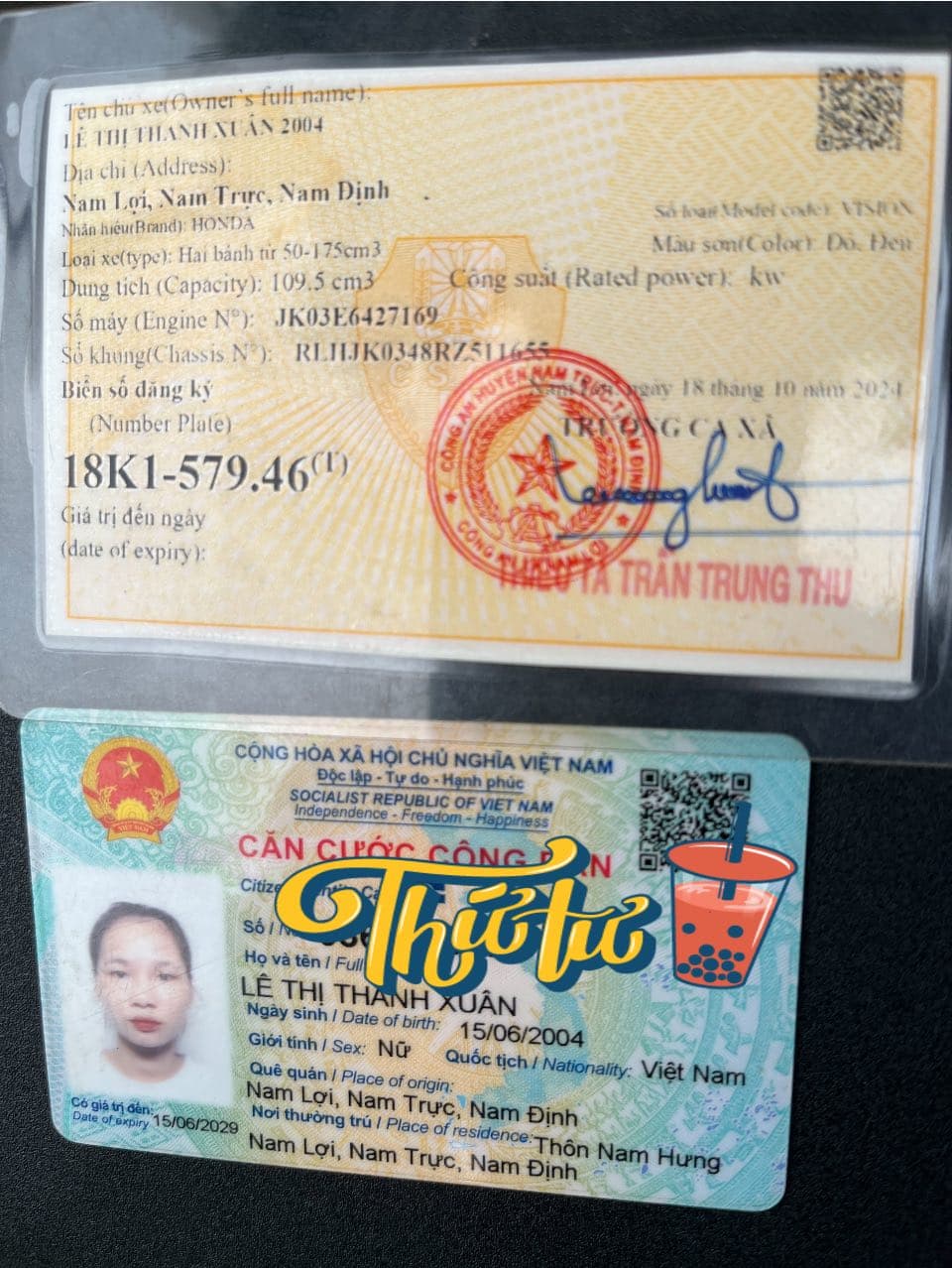 Nhặt được giấy tờ cccd Lê Thị Thanh Xuân 2004