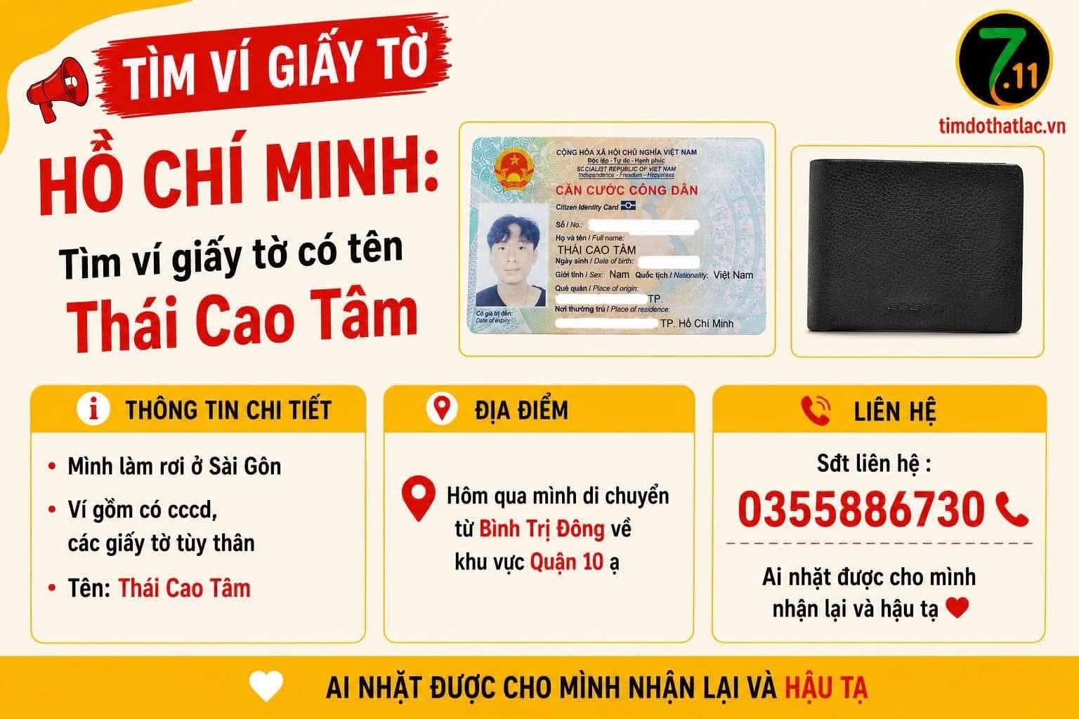 Em bị đánh rơi ví màu đen có CCCD Tên THÁI CAO TÂM