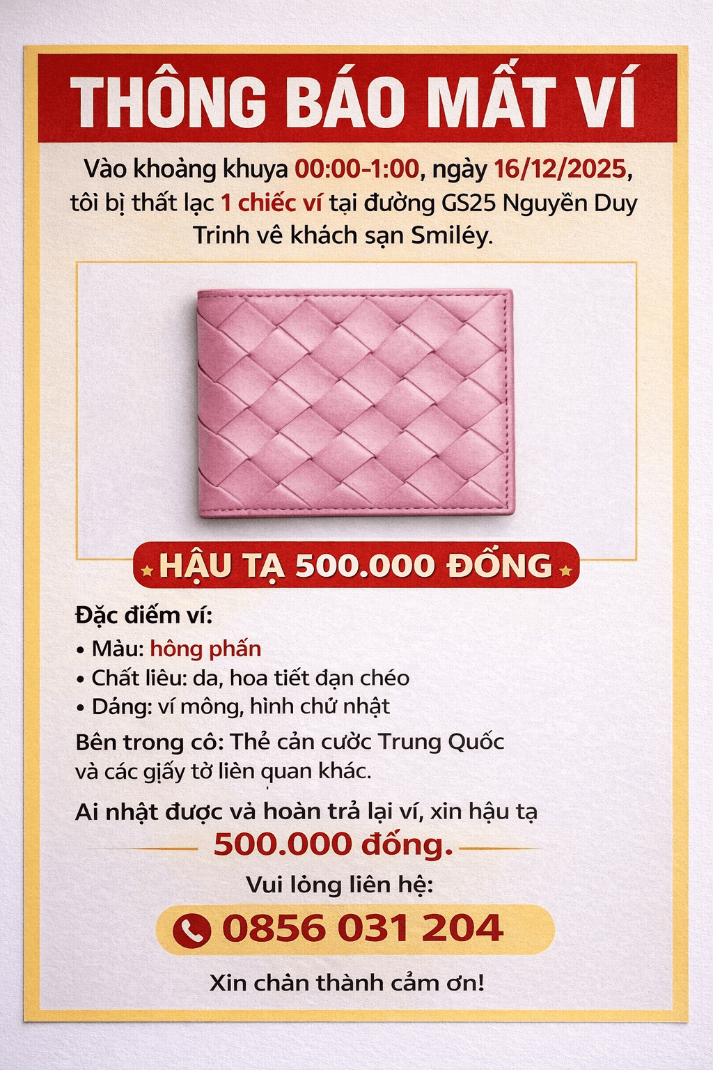 Rớt ví giấy tờ người Trung quốc