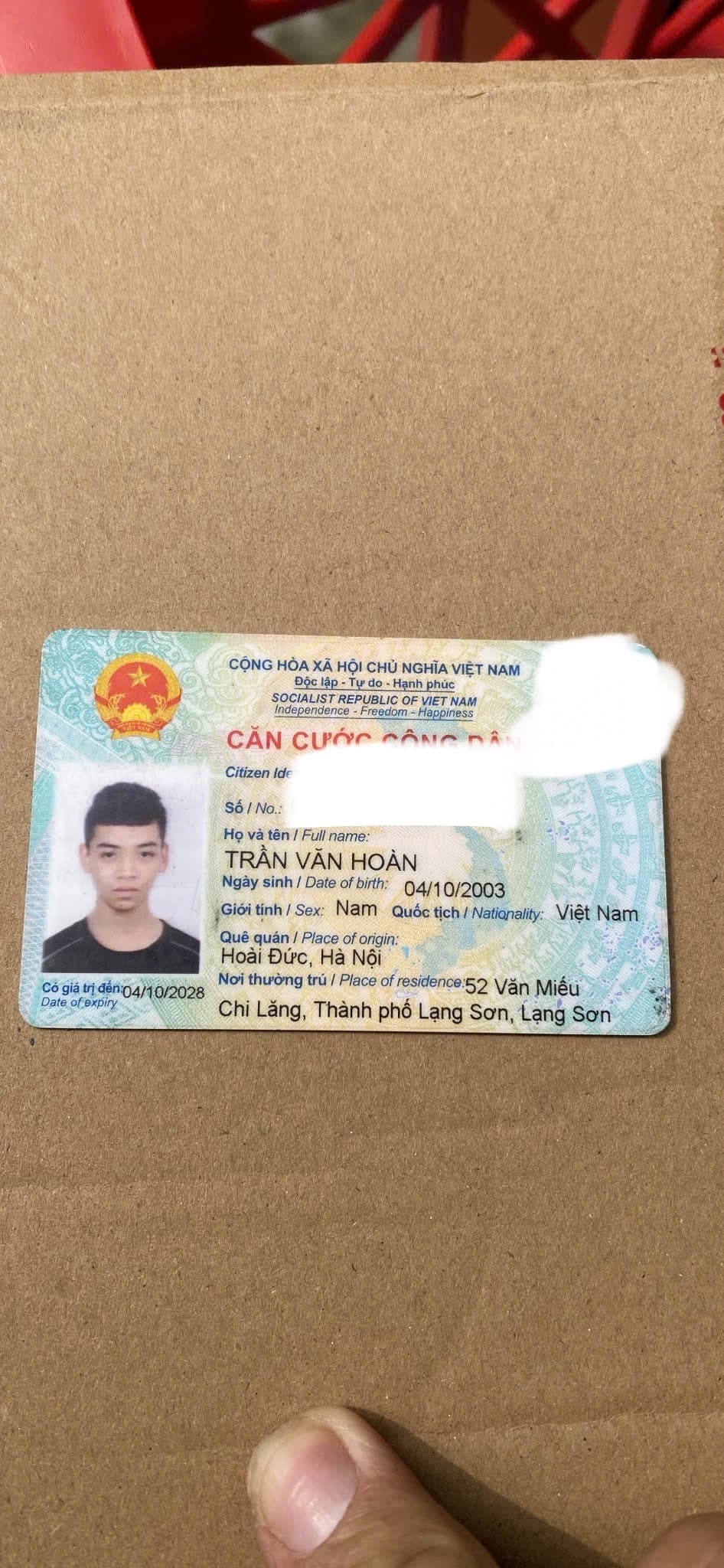 Rơi ví/giấy tờ tuỳ thân trần văn hoàn 2003 rơi ở lạng sơn