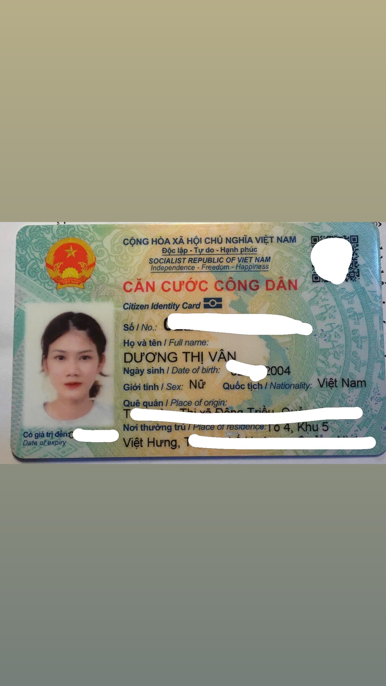 Rơi căn cước Dương Thị Vân 2004 Việt Hưng