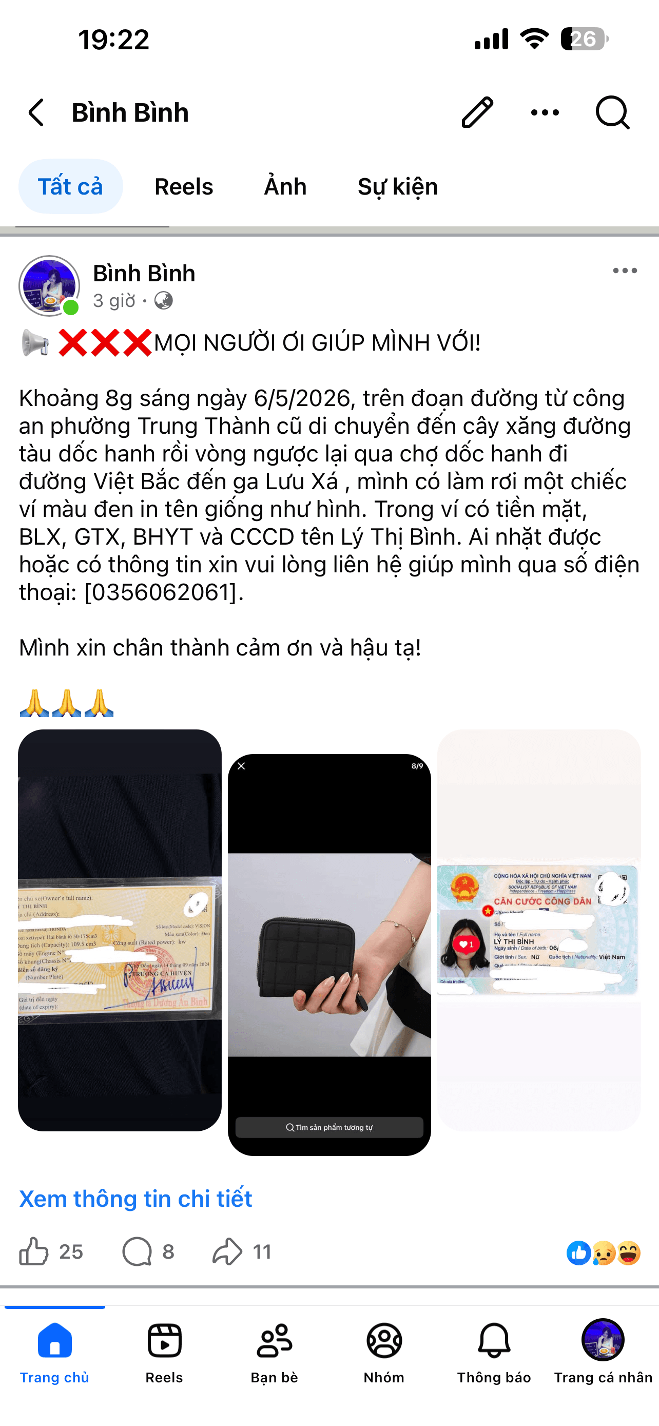  tiền mặt, BLX, GTX, BHYT và CCCD tên Lý Thị Bình