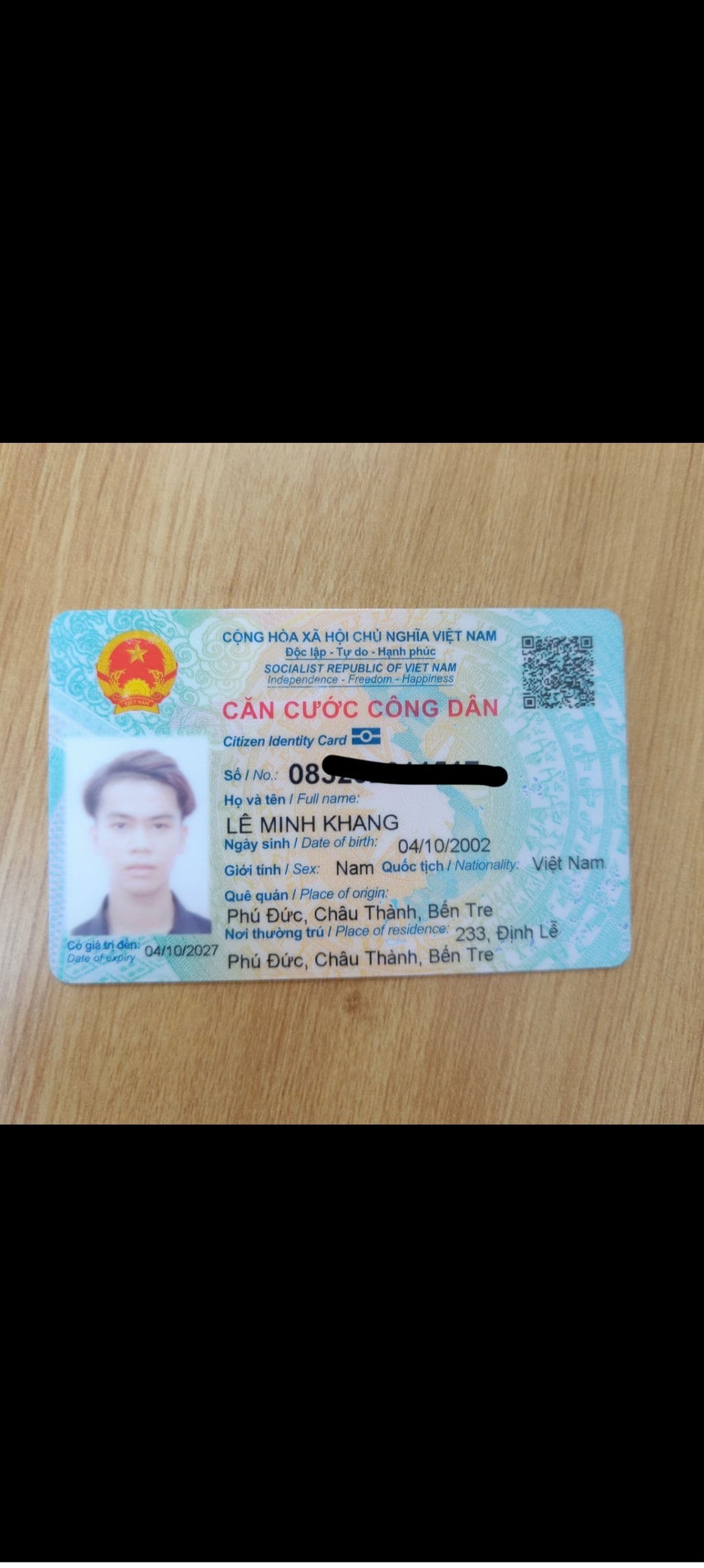 Rơi ví, giấy tờ tùy thân , Lê Minh Khang 2002 rơi ở TP Bến Tre, bến xe bến tre về vòng