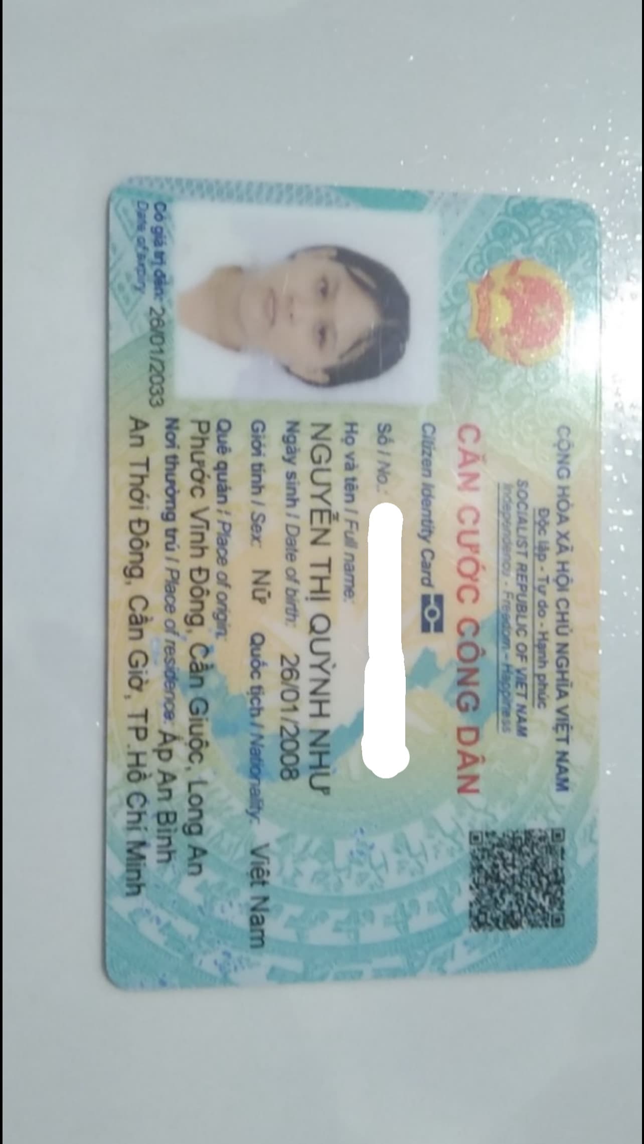 Rơi ví. Giấy tờ tuỳ thân Nguyễn Thị Quỳnh Như 2008, rơi ở Cần Giờ(cũ) hiện là TP.HCM