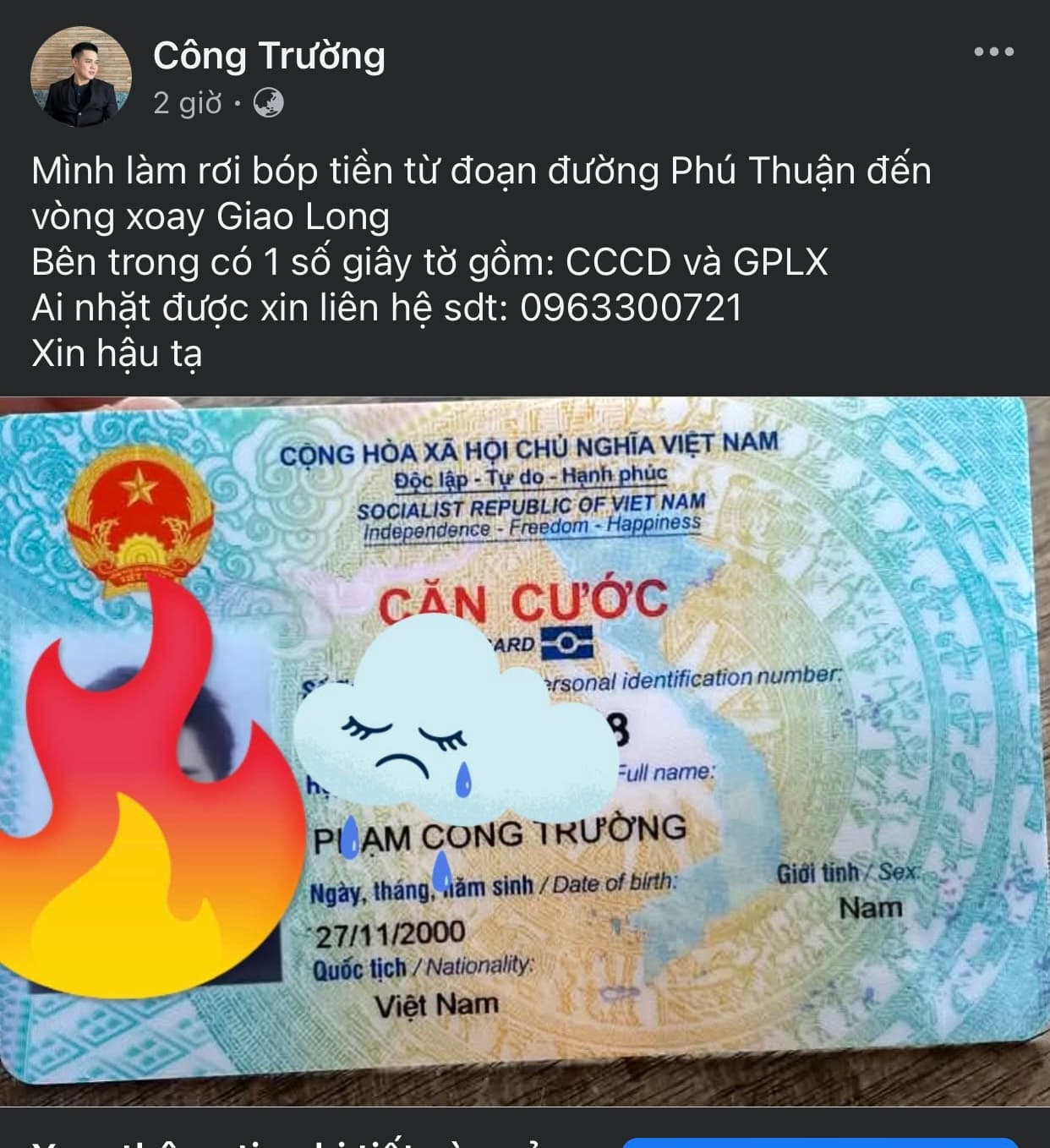 Rơi ví tiền Phạm Công Trường 2000 rơi ở Phú Thuận, Vĩnh Long