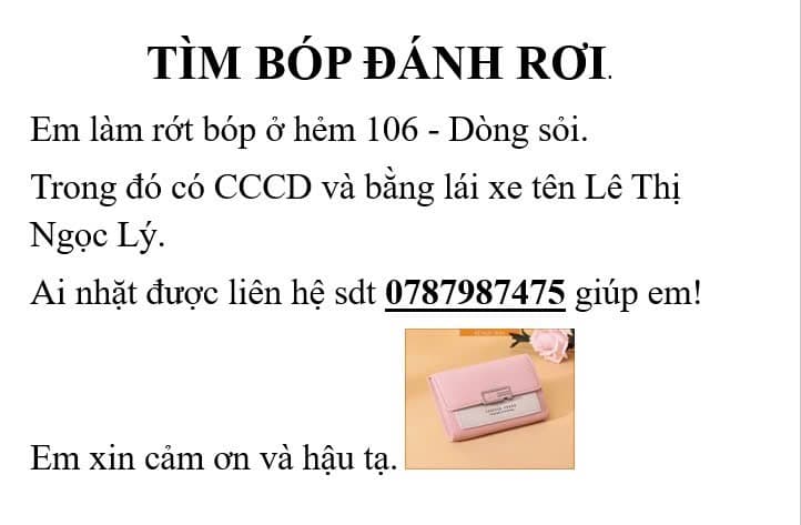 Em bị rơi ví. Cccd bằng lái xe. Tên Lê Thị Ngọc  Lý. Ai nhặt được cho em xin lại em hậu tạ ạ