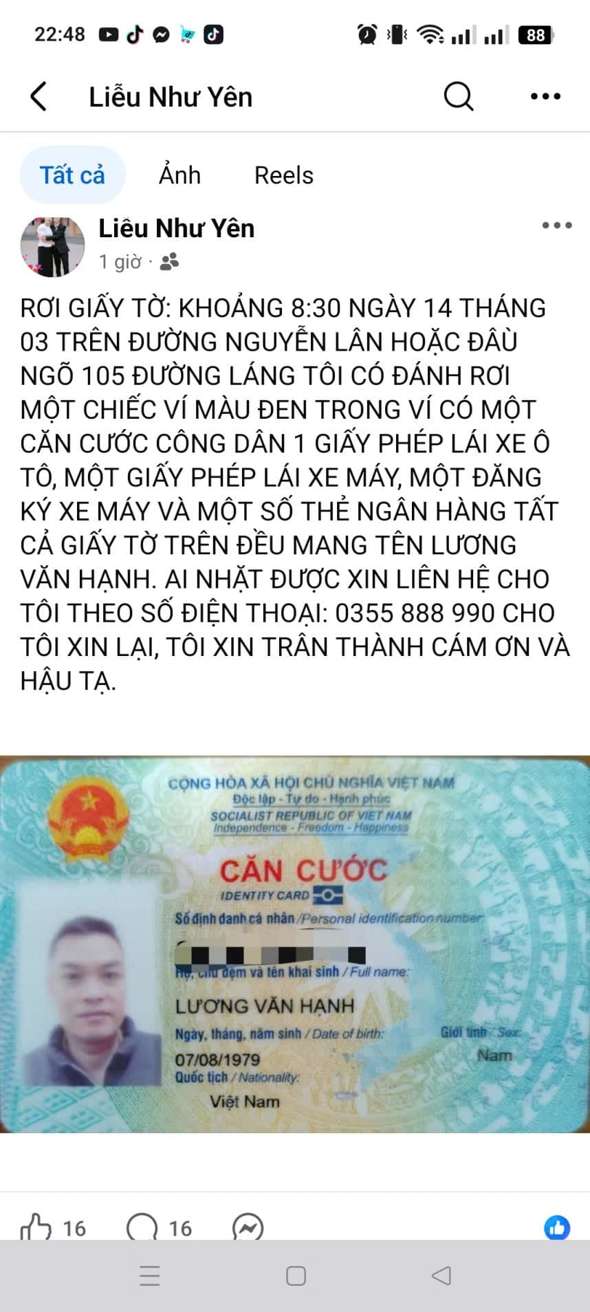 Rơi ví giấy tờ Lương Văn Hạnh 1979 rơi ở Hà Nội