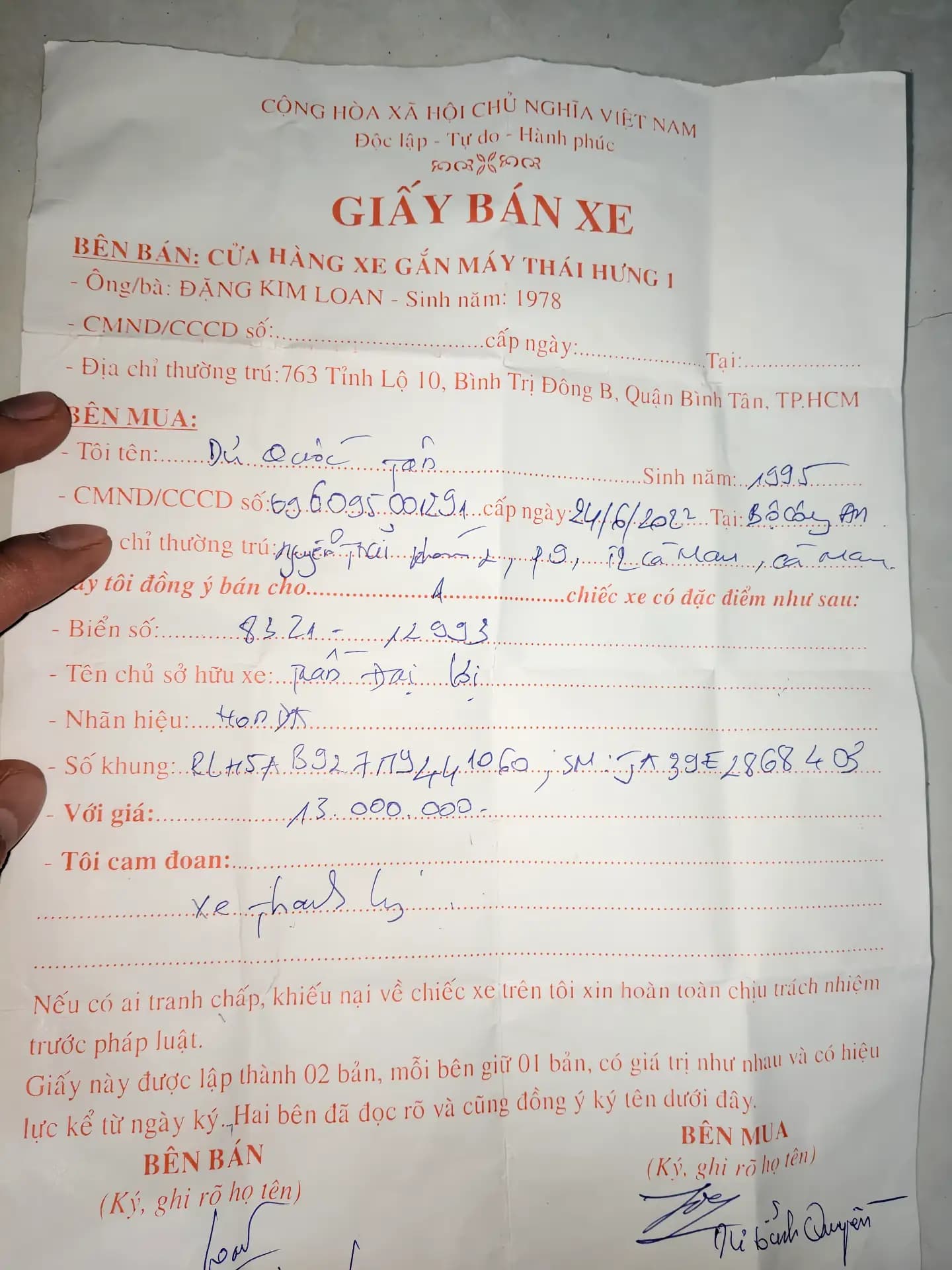 MẤT GIẤY TỜ XE