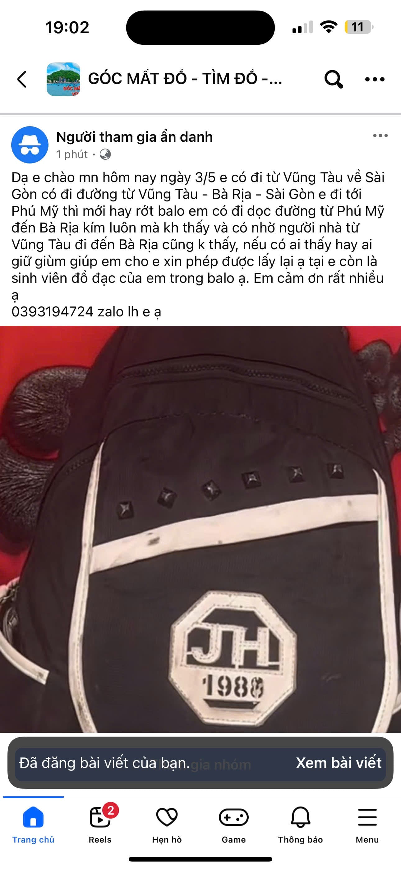 em rơi Balo ở Vũng Tàu - Phú Mỹ ạ như nội dung dưới ạ