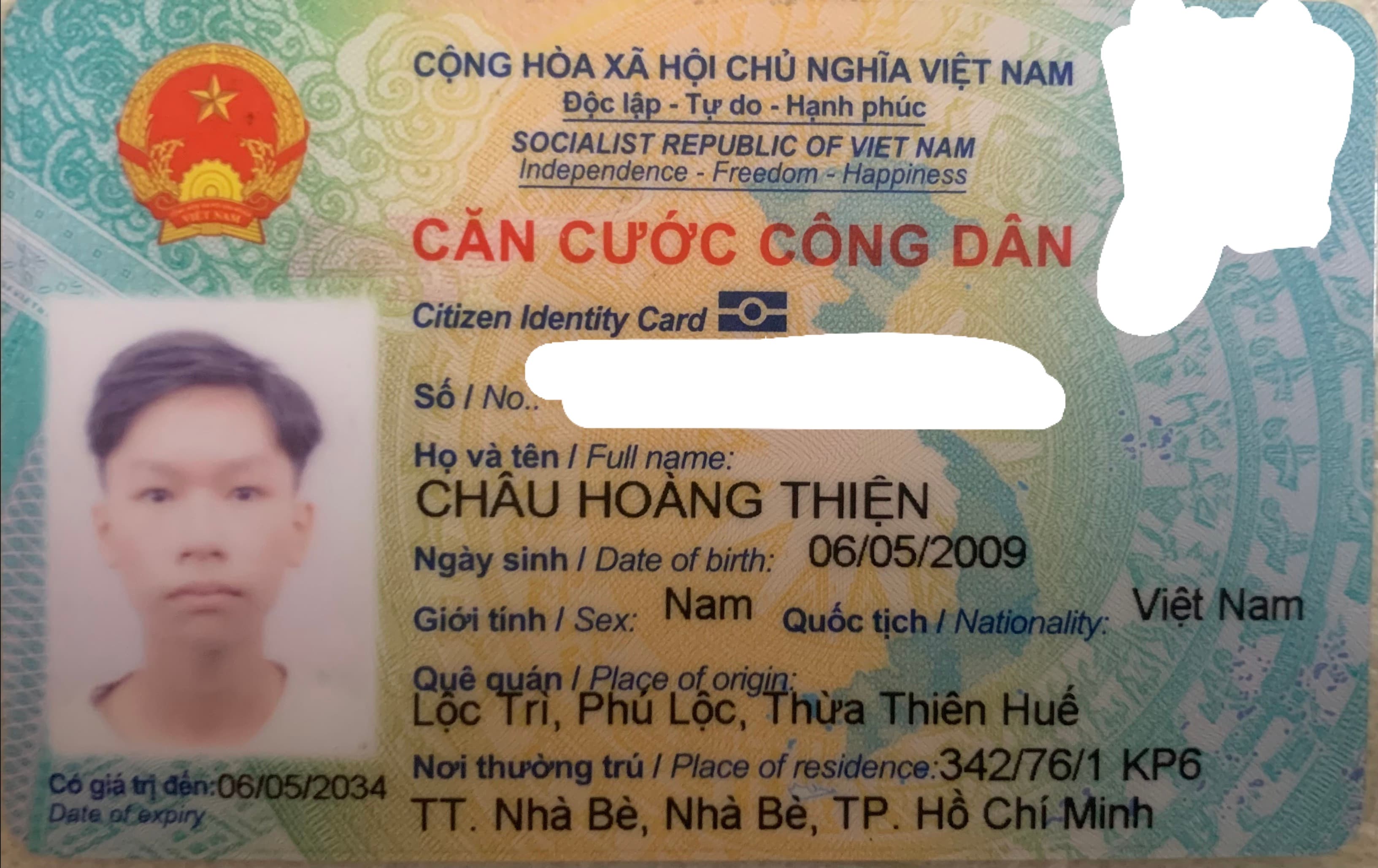 Rơi ví và giấy tờ tuỳ thân có cccd tên Châu Hoàng Thiện sinh 06/05/2009 rơi ở TPHCM Quận 7-Nhà Bè