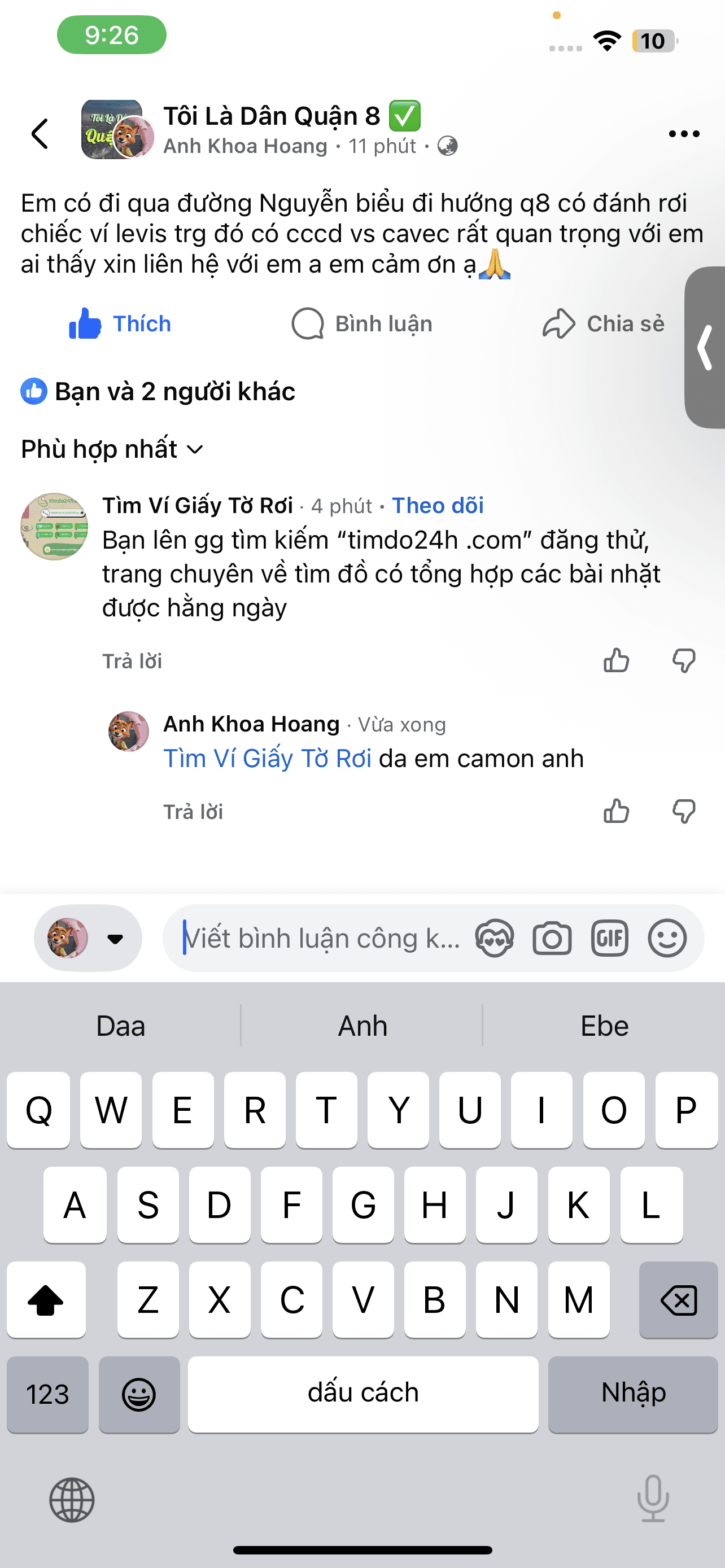 Em có đi qua đường Nguyễn biểu đi hướng q8 có đánh rơi chiếc ví levis trg đó có cccd vs cavec 