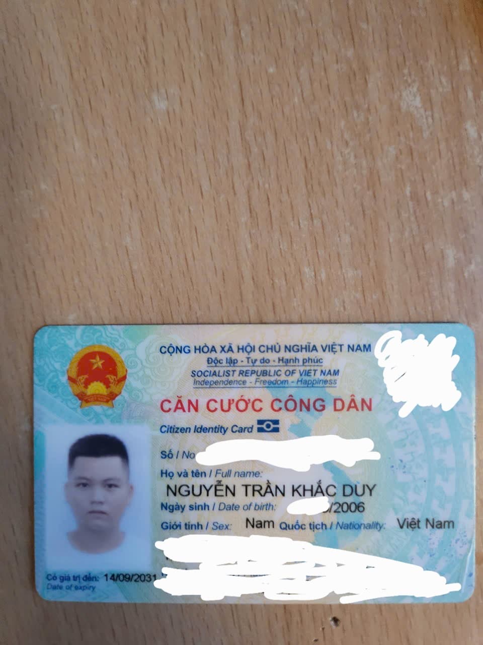 Rơi ví, giấy tờ tùy thân tên Nguyễn Trần Khắc Duy 2006 ở Hà Nội