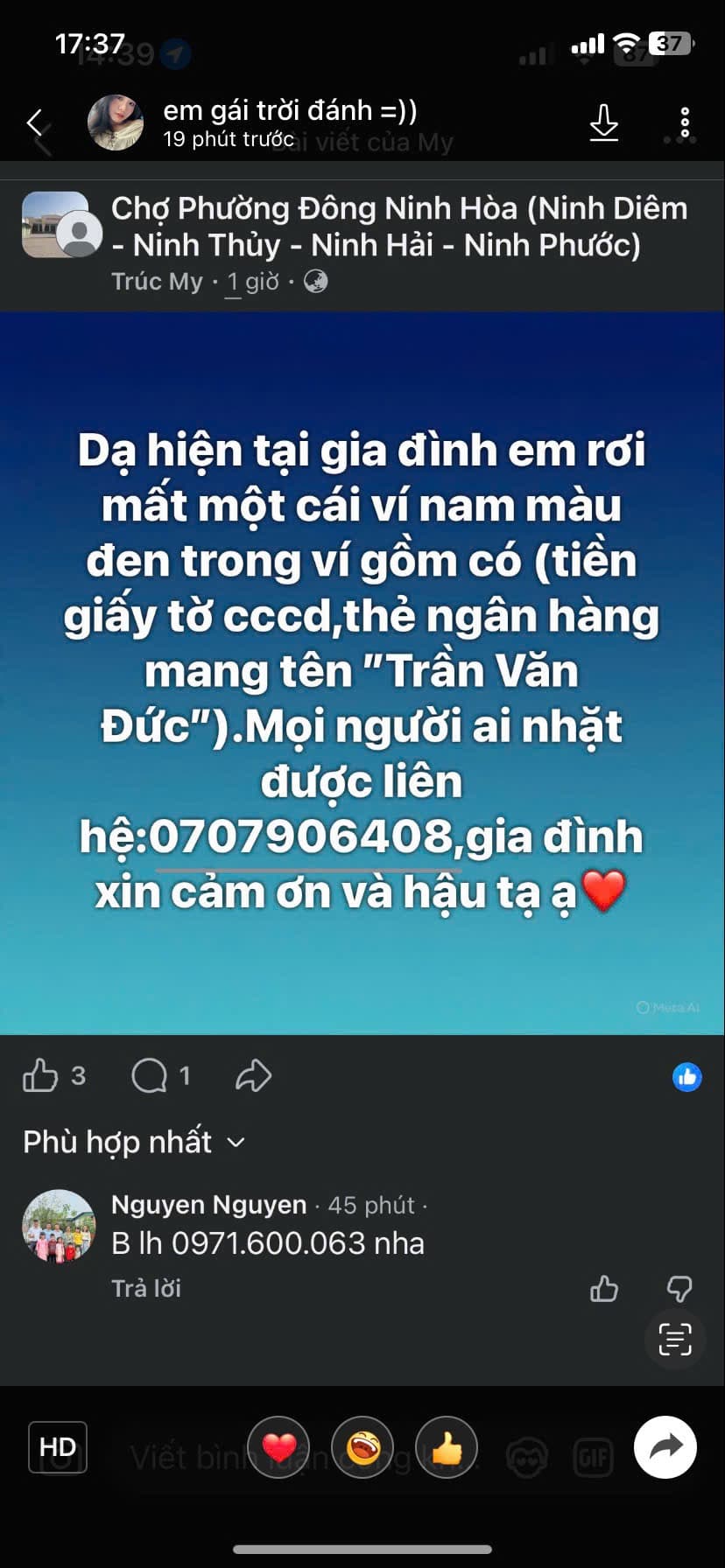 Rơi ví Trần Văn Đức rơi ví Phường Đông Ninh Hoà Ninh Diêm
