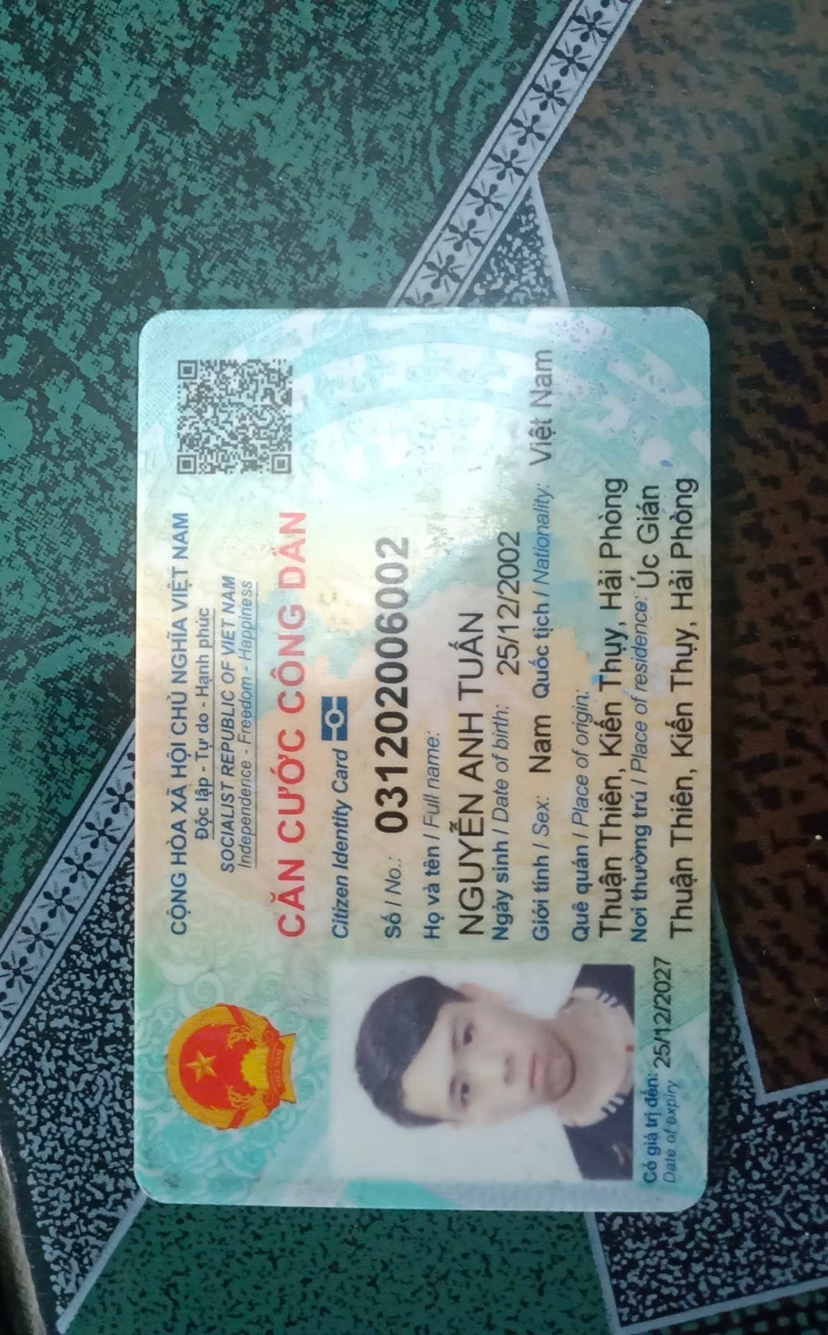 Rơi cccd Nguyễn Anh Tuấn 2002 ở khu vực Hải phòng