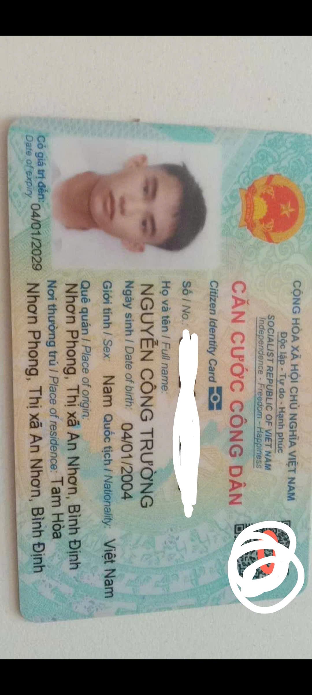 Rơi CCCD / giấy tờ tùy thân Nguyễn Công Trường/ 2004 /ở Đà Nẵng