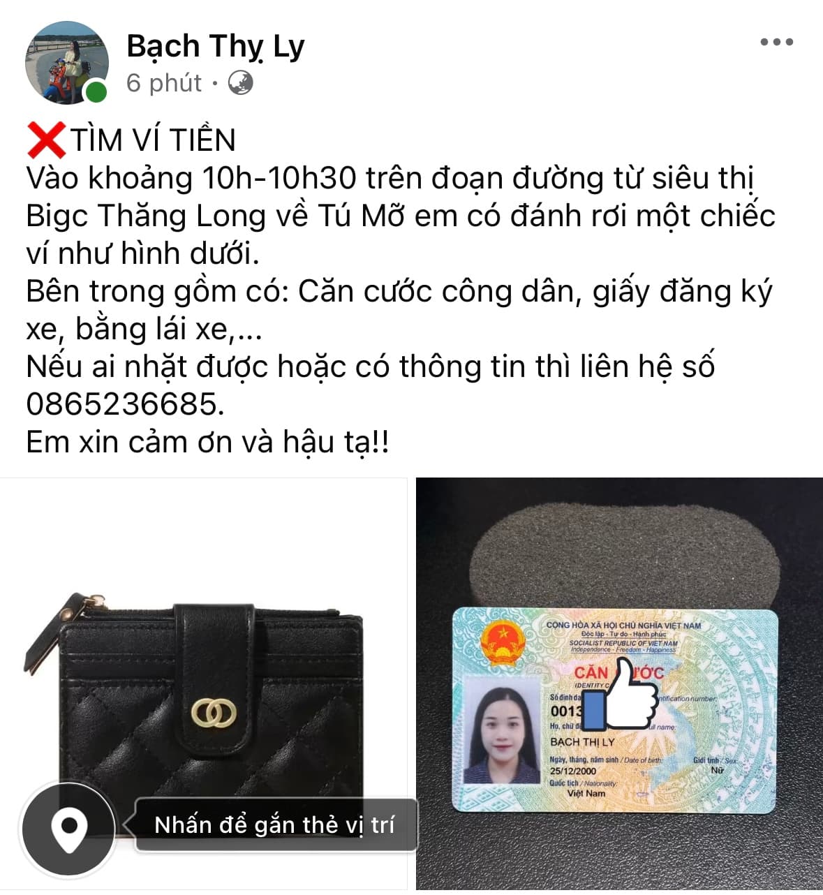 Rơi Ví ở Khu Vực BigC Trần Duy Hưng tên cccd Bạch Thị Ly