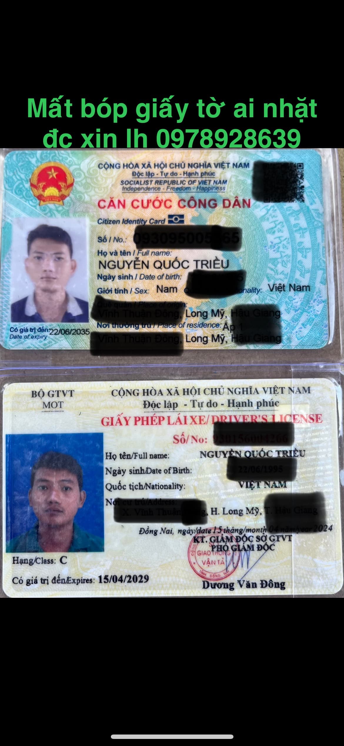 Mất ví giấy tờ tên NGUYỄN QUỐC TRIỀU 1995 ở biên hoà