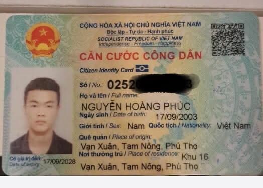 Ví chứa giấy tờ tuỳ thân NGUYỄN HOÀNG PHÚC 17/09/2003 Hà Nội