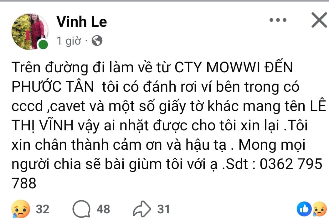Lê Thị Vĩnh 19970. 28/2026 rơi ví giấy tờ tùy thân ở đông nai 