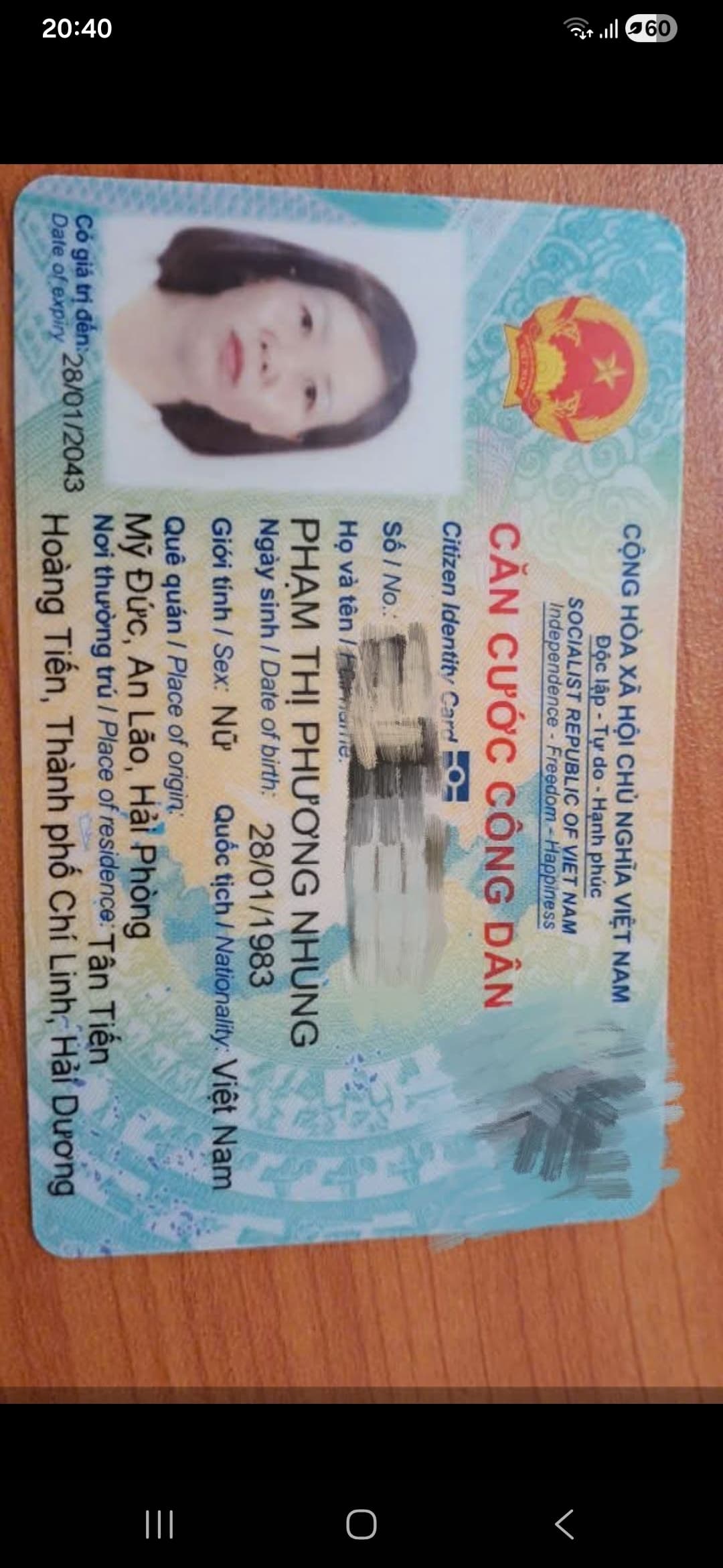 Phạm Thị Phương Nhung 1983 rơi cccd tại Chí Linh - Hải Dương