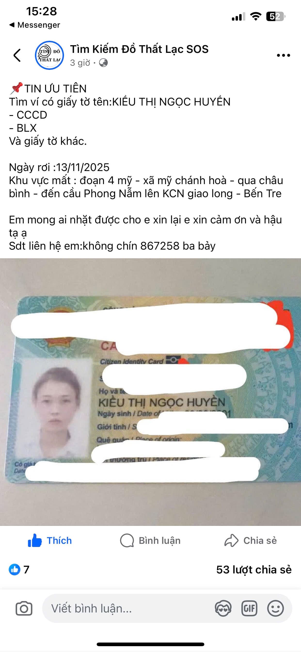 Rơi ví giấy tờ Kiều Thị Ngọc Huyền 2001 ở Bến Tre
