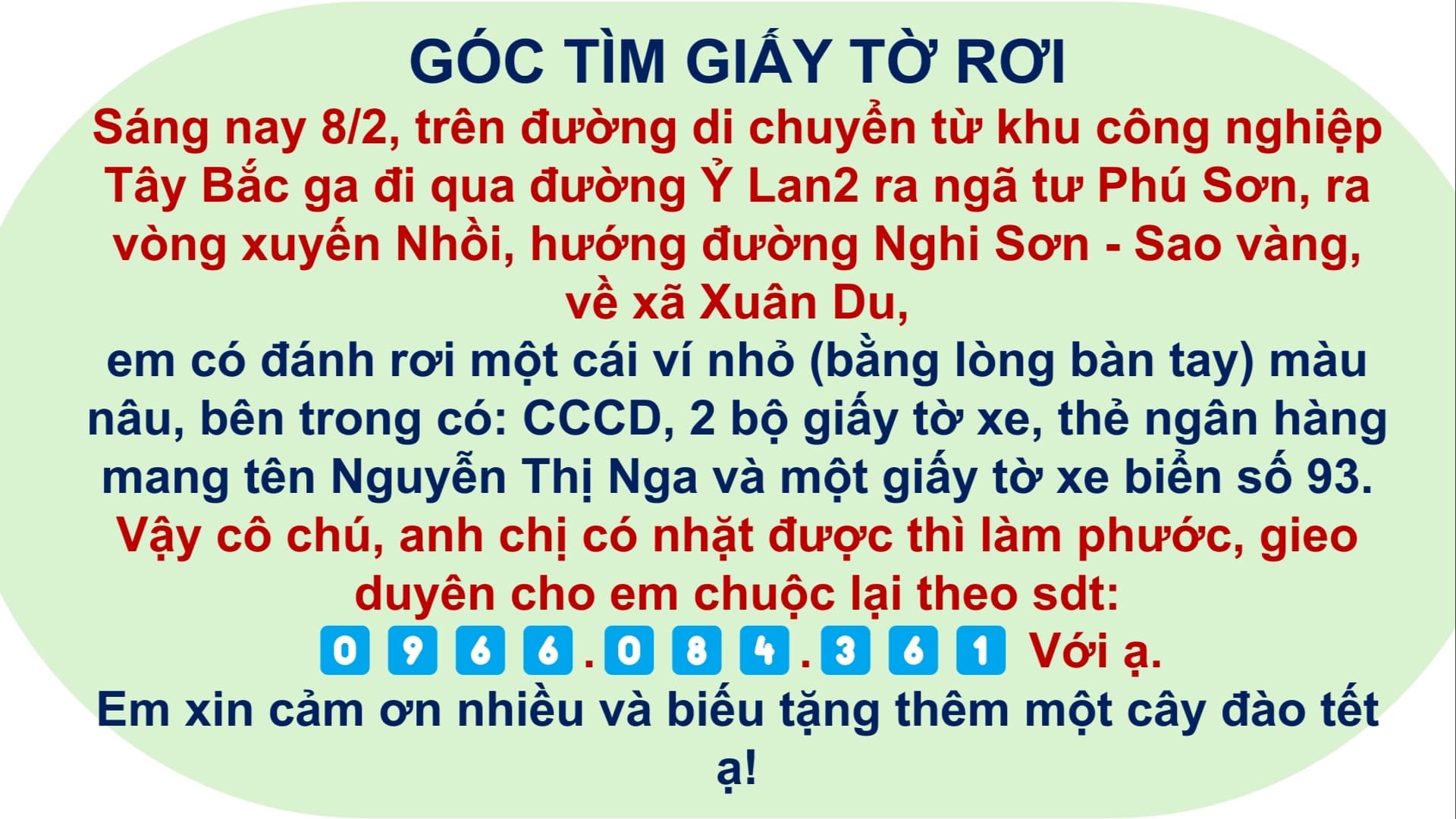TÌM VÍ - GIẤY TỜ RƠI - Nguyễn Thị Nga tại tỉnh Thanh Hóa. 