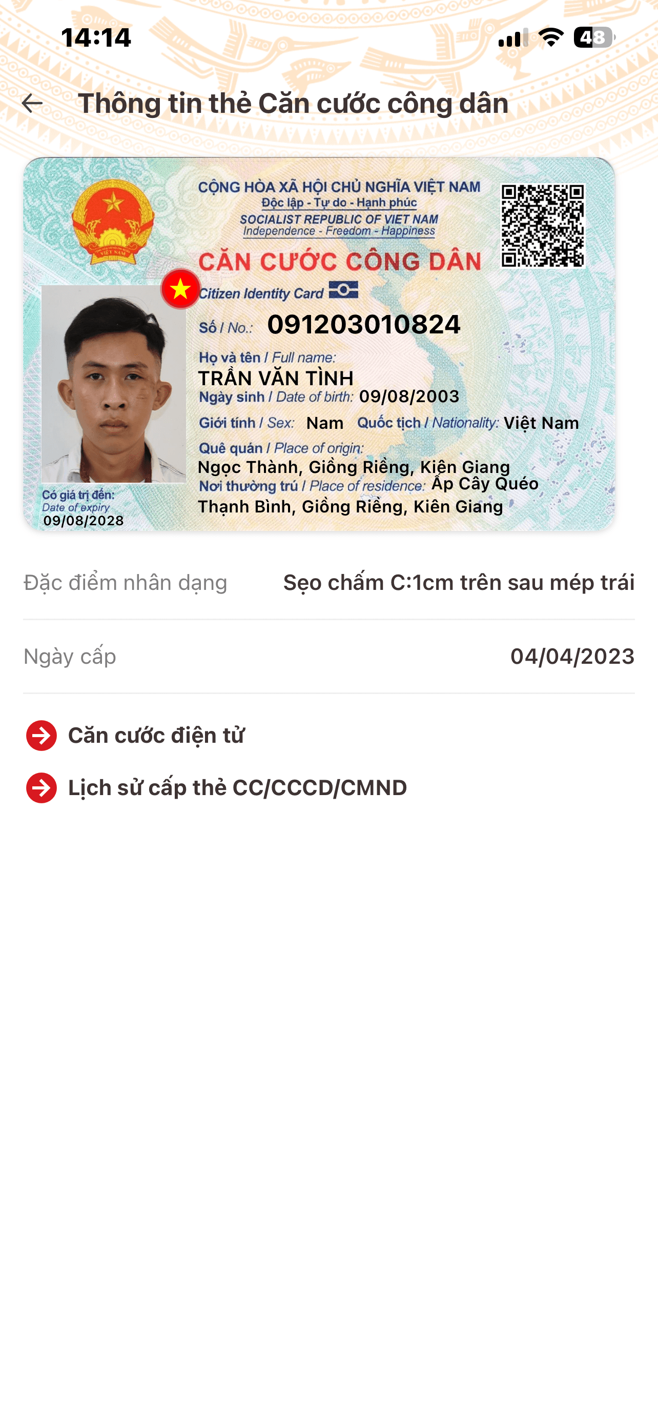 Trần văn tình 09/08/2003 ở ấp cây quéo thạnh bình