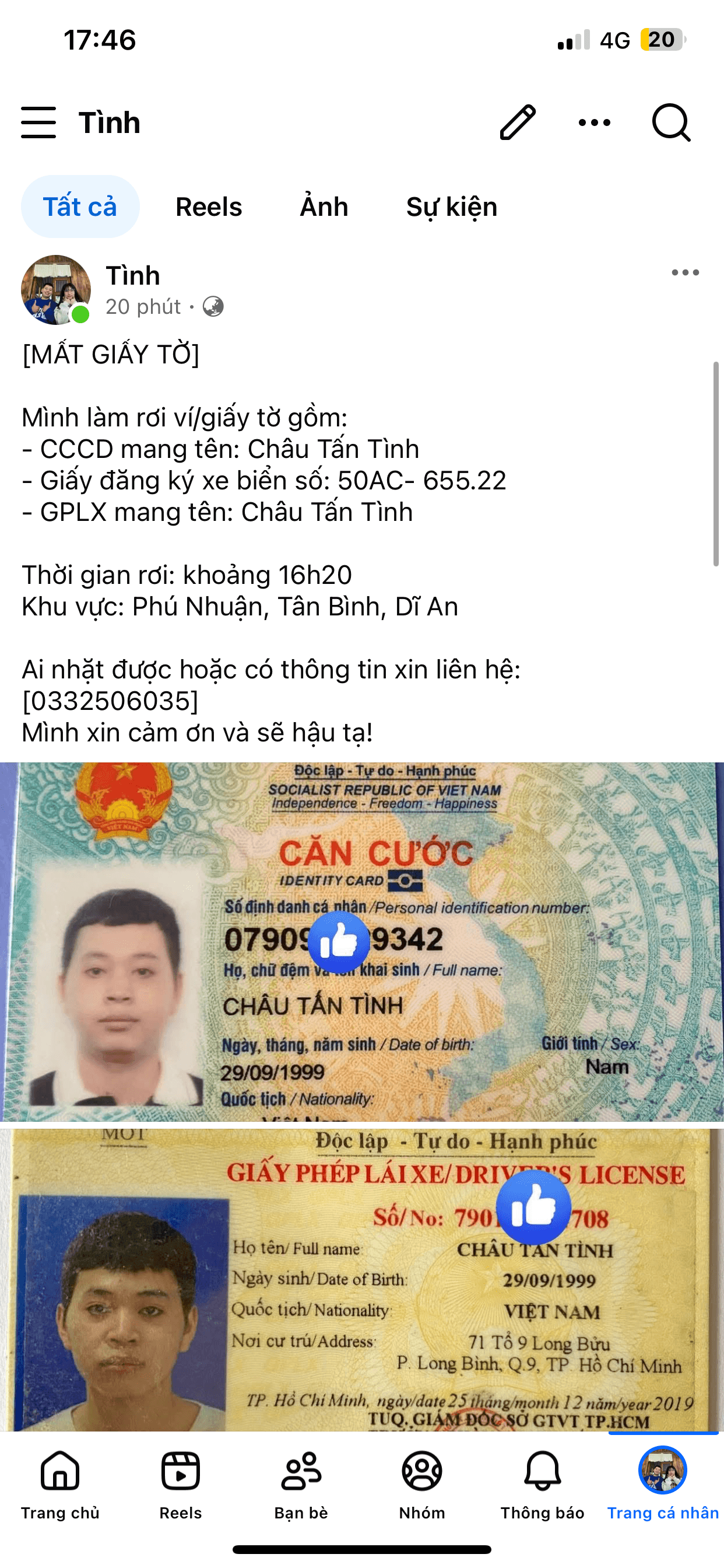 Rơi ví/giấy tờ tuỳ thân Châu Tấn Tình 29/09/1999