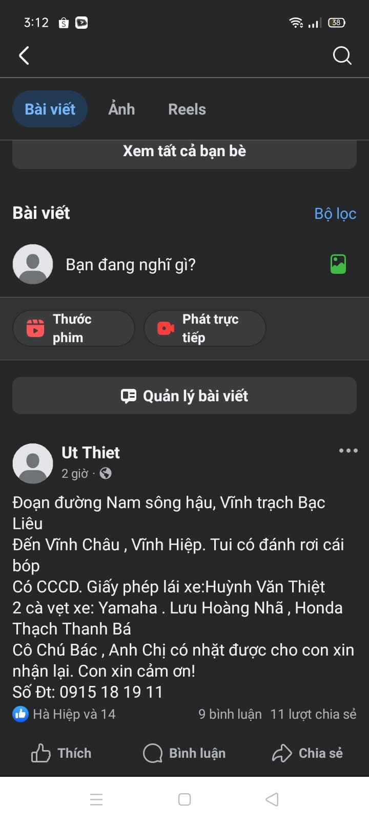 Rơi ví CCCD, giấy phép lái xe Huỳnh Văn Thiệt. 2Cà vẹt xe Thạch Thanh Bá, Lưu Hoàng Nhã 