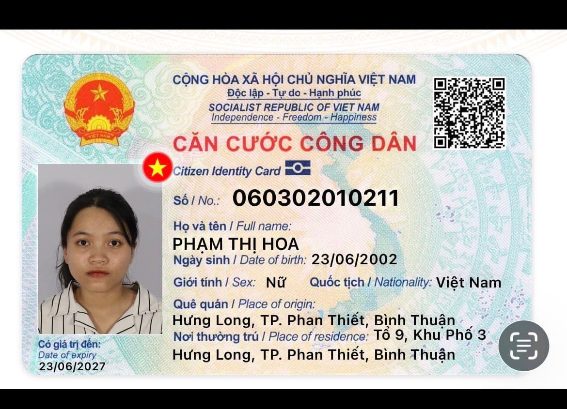 Ví giấy tờ Tên Phạm Thị Hoa 2002 rơi ở Đường Nguyễn Tất Thành Phan Thiết tỉnh Bình Thuận