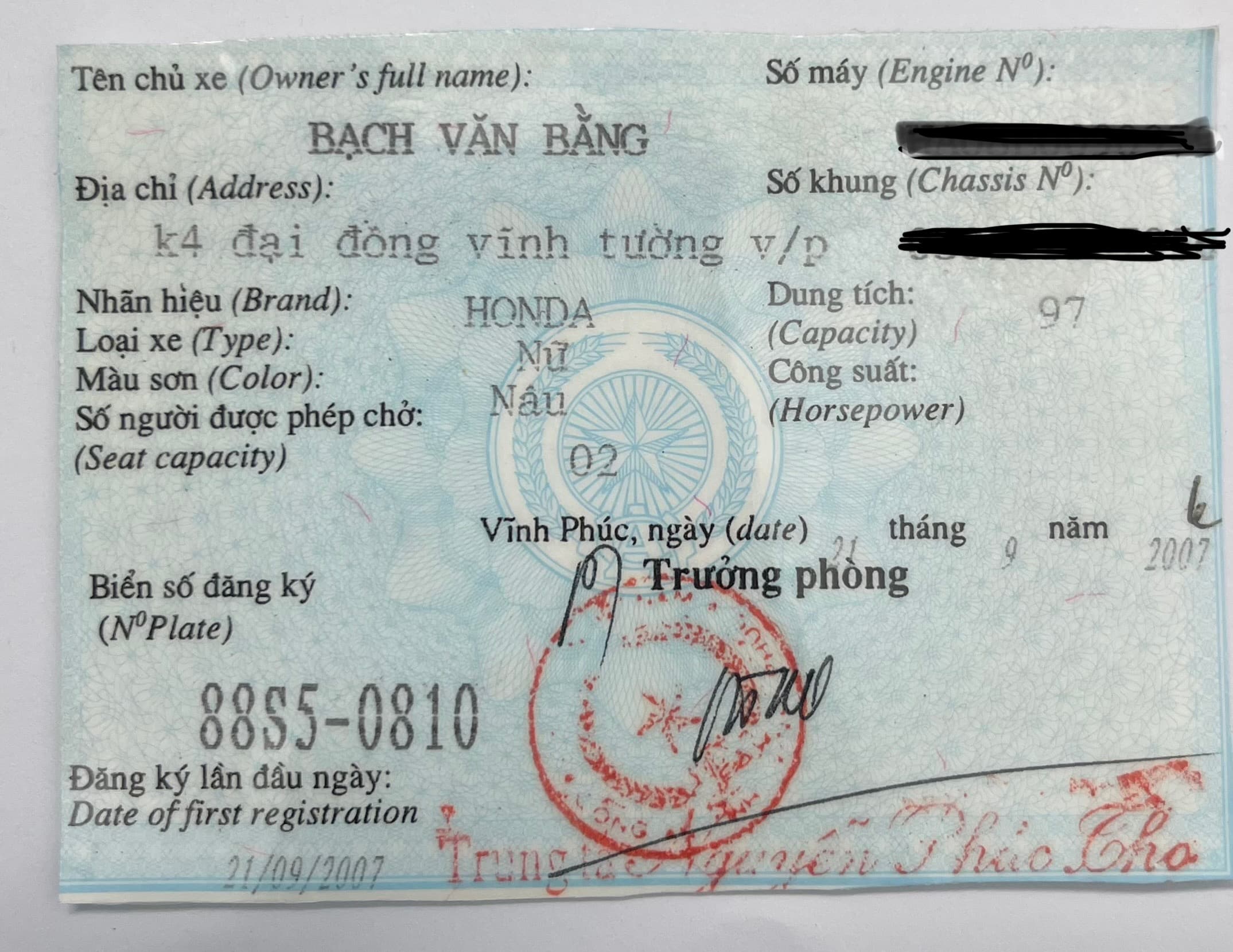 Rơi đăng kí xe tên bạch văn đằng