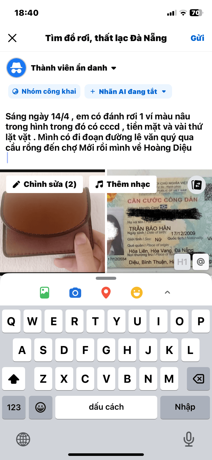 MẤT VÍ😞, có căn cước công dân Trần Bảo Hân 2009 rơi ở Đà Nẵng