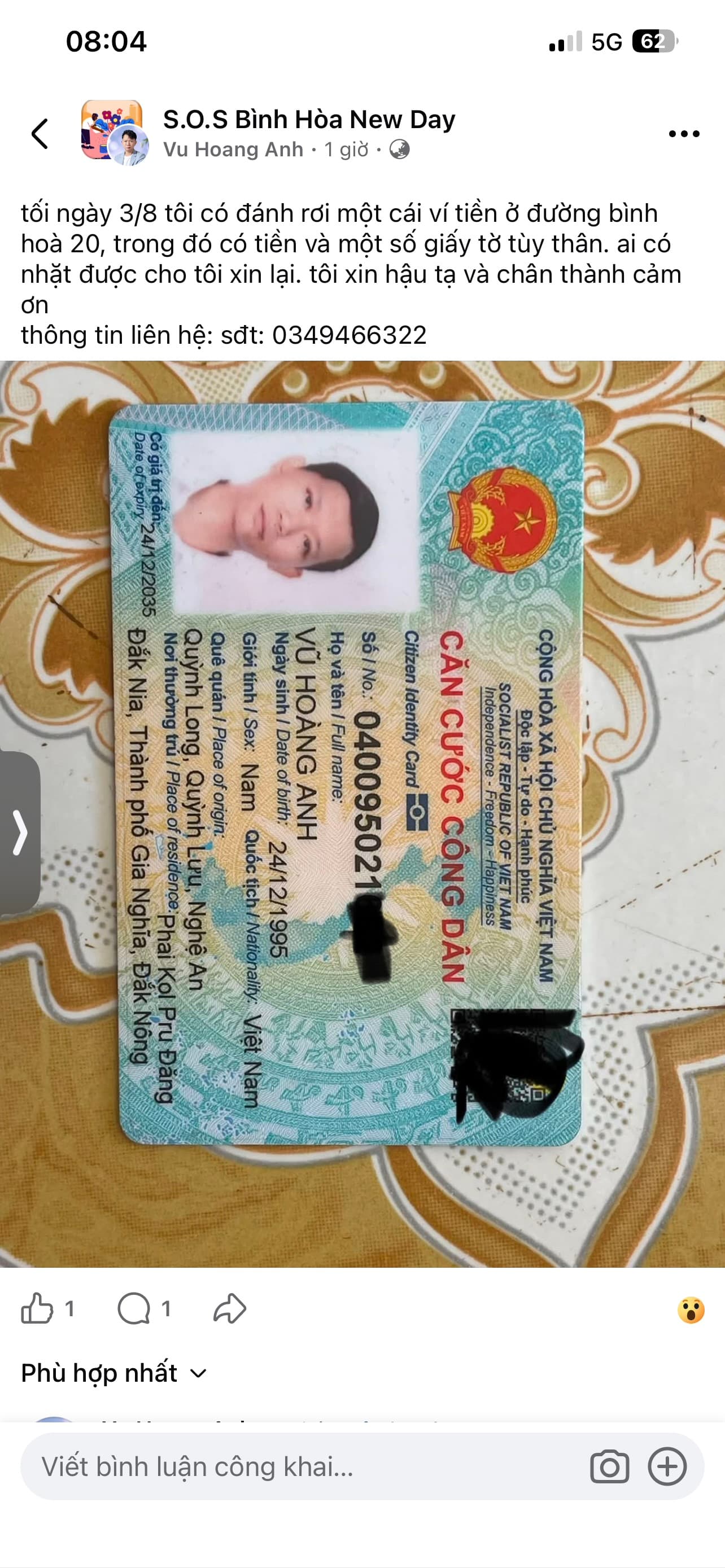 rơi ví/ cccd, bằng lái xe, giấy đăng ký xe  Vũ Hoàng Anh sn: 1995 rơi ở  bình hoà, hồ chí minh