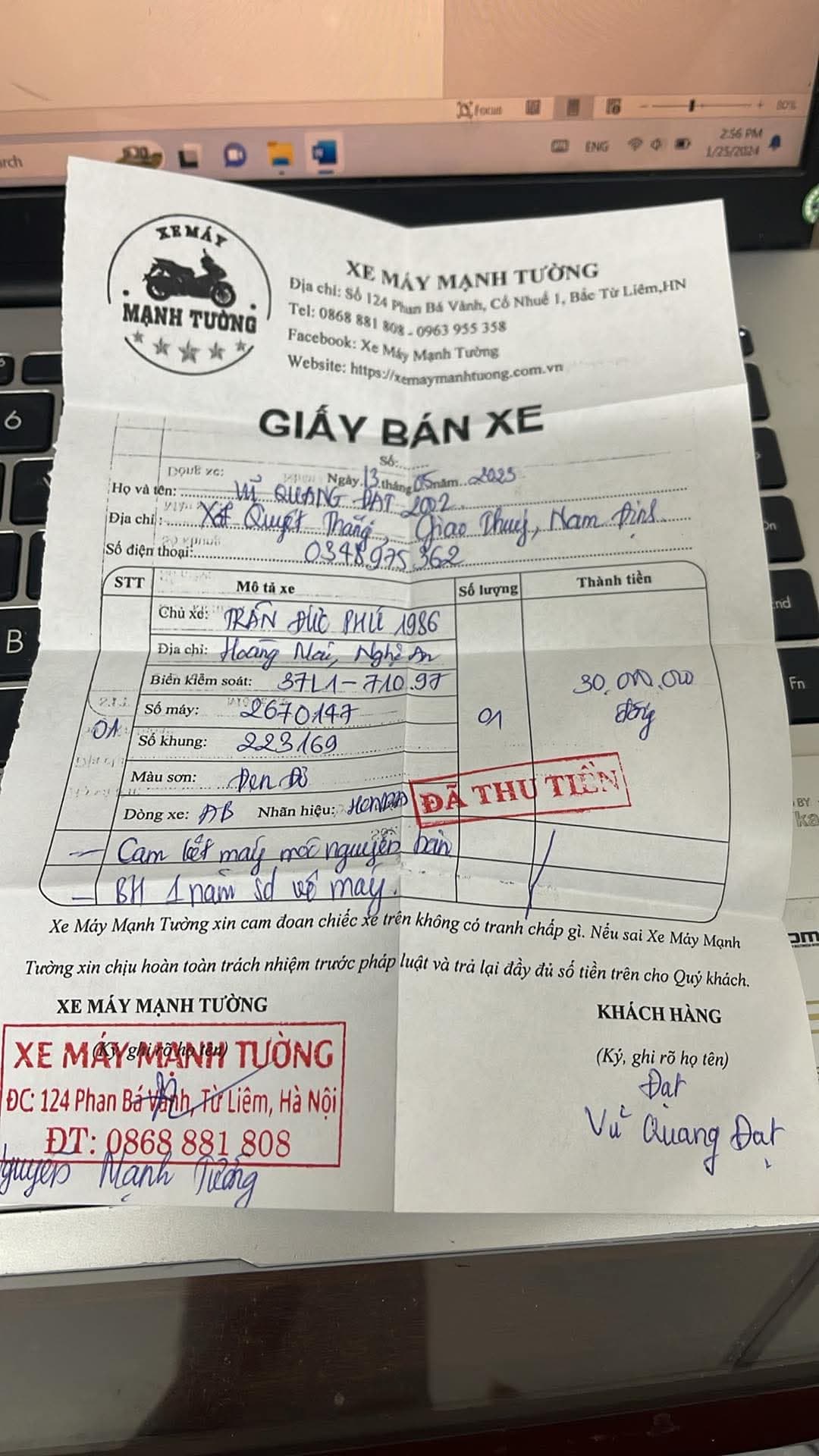 Rơi đăng ký xe Trần Đức Phú 1986 ở ATM Vietinbank 101 Khuất Duy Tiến 