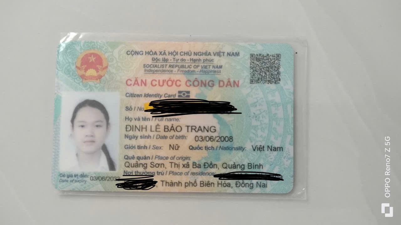 Rơi CCCD Đinh Lê Bảo Trang 2008 rơi ở Biên Hoà đường Hà Huy Giáp