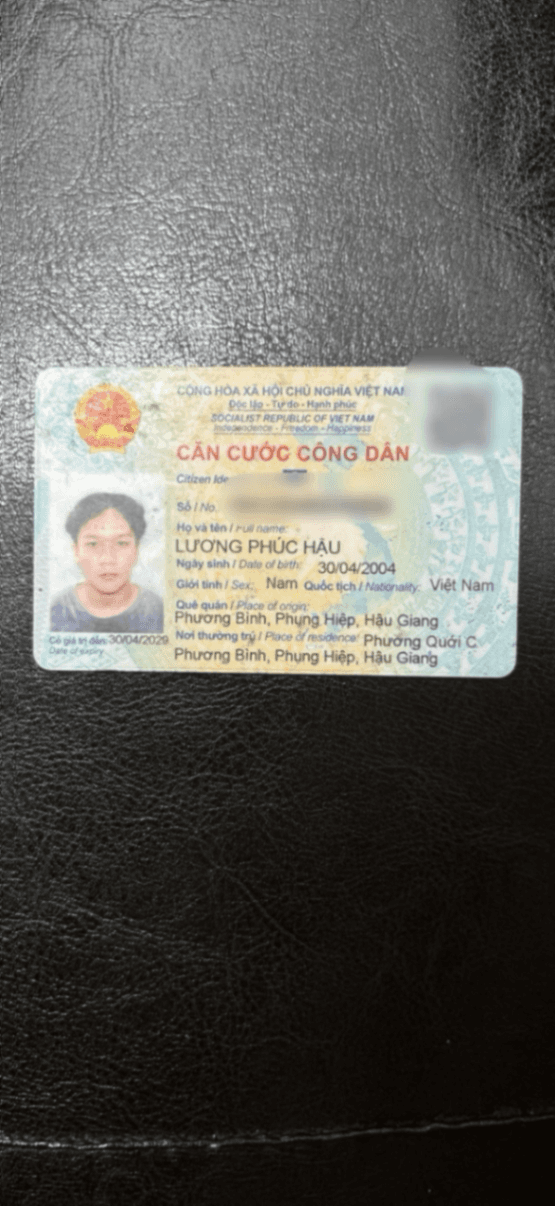 Rơi ví, CCCD LƯƠNG PHÚC HẬU 30/04/2004 ở Cần Thơ