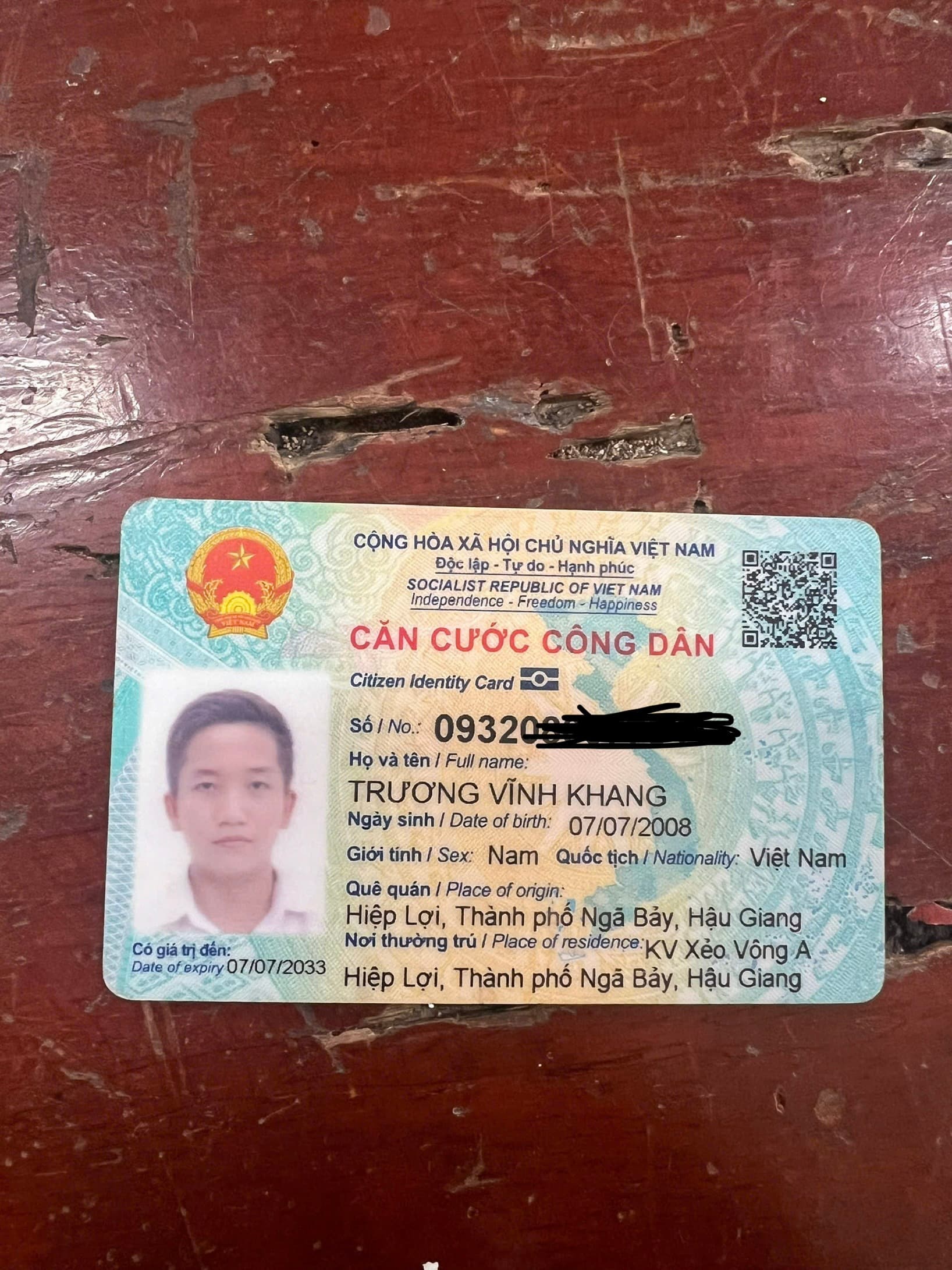 Tìm cccd tên Trương Vĩnh Khang P Hiệp Lợi Tp Ngã Bảy Tỉnh Hậu Giang ạ Rơi ở kv ngã bảy-đại thành