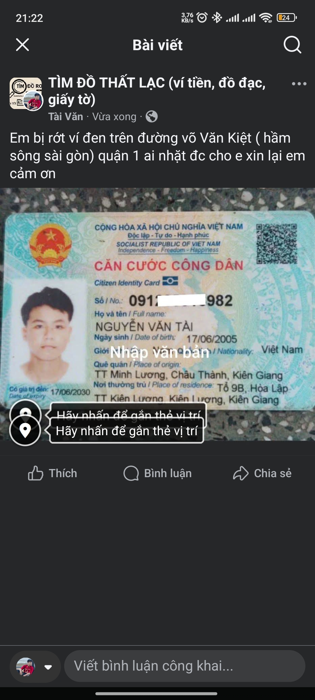 Ví màu đen Nguyễn Văn Tài 2005 rơi ơi đường võ văn kiệt hầm sông Sài Gòn quận 1