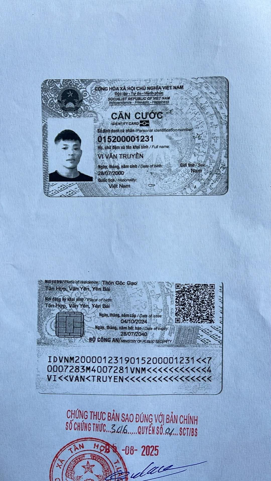 tôi có làm rơi cccd mang tên vi văn truyền sn 28072000 ở vọng đông yên trung yên phong bắc ninh