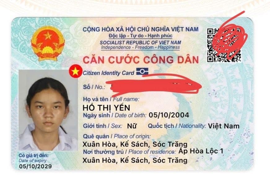 E có làm rơi 1 cái  bóp cảo trắng nâu cccd tên HỒ Thị Yến 2004 rơi ở Mái Dầm