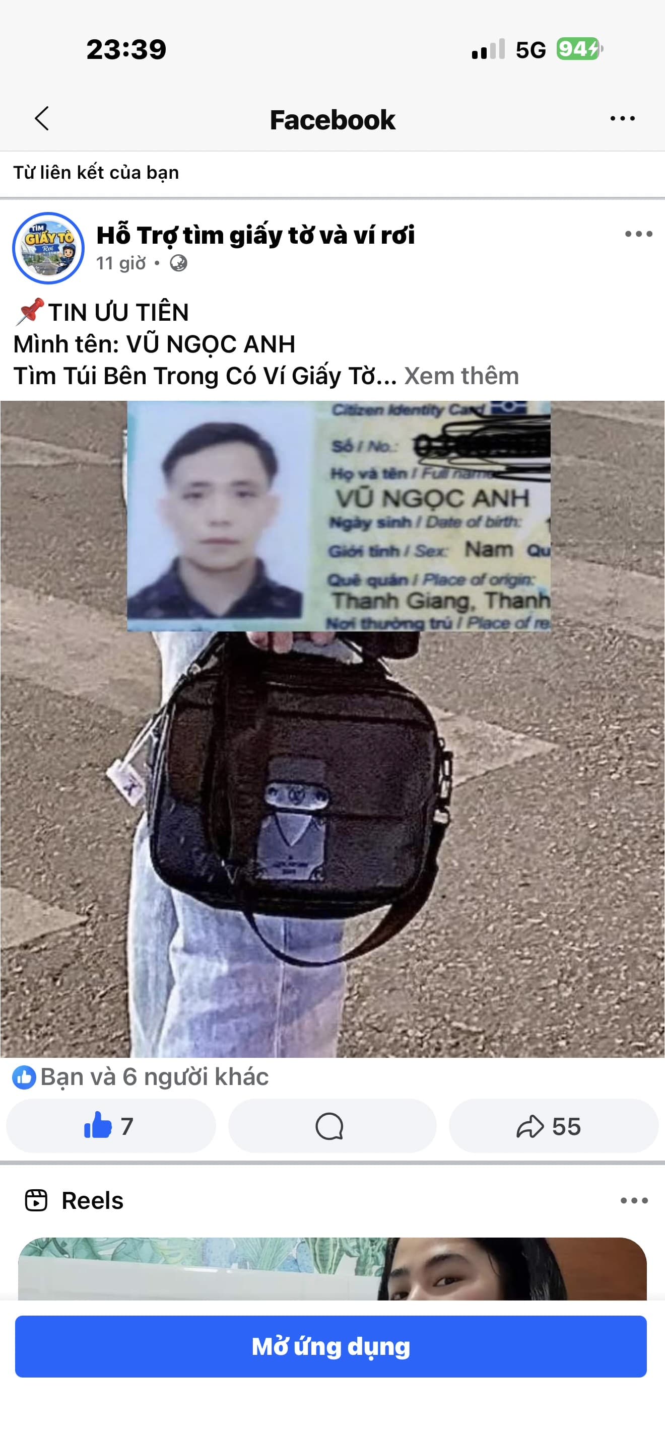 Rơi chiếc túi xách có căn cước công dân vũ ngọc anh 1996 quên hoặc rơi khu vực hà nội 