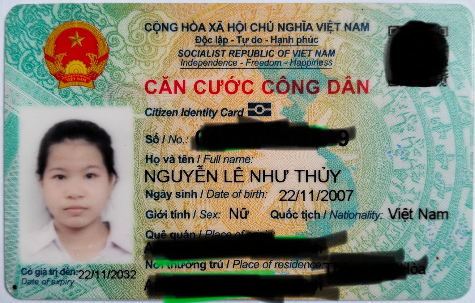 Nguyễn Lê Như Thủy 22/11/2007 rơi ví, căn cước công dân rơi khu vực phường Chợ Quán-TP.Hồ Chí Minh
