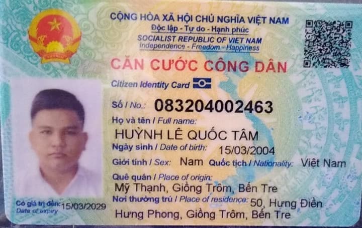 Tìm ví tiền Huỳnh Lê Quốc Tâm 2004 rơi ở đường Nguyễn Trãi, phường An Đông, TP HCM