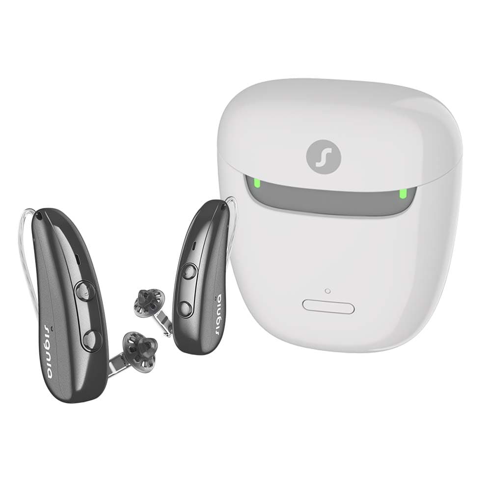 Rơi máy trợ thính hiệu Signia - màu da - hộp trắng - túi đen